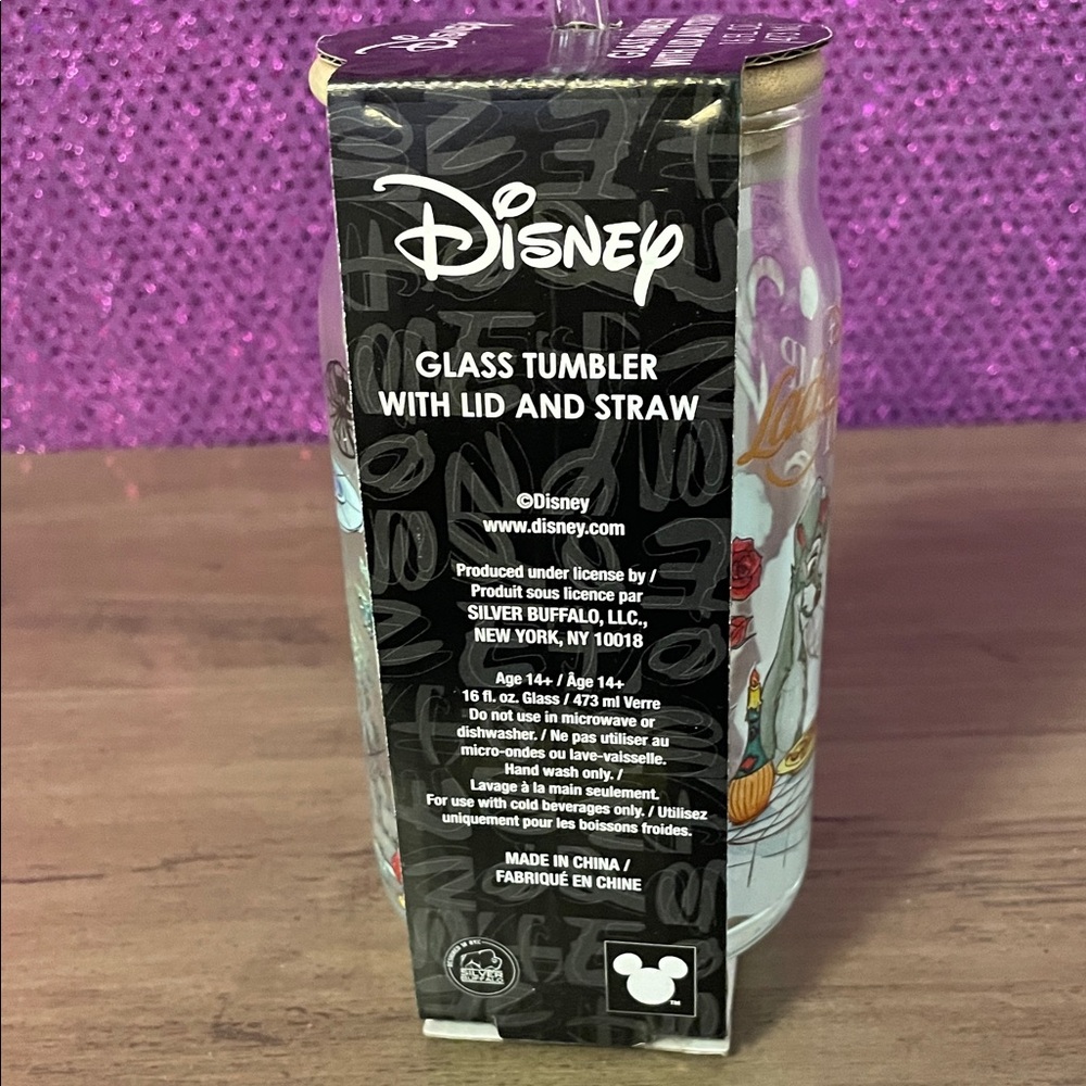 Disney Lady & the Tramp Glass Tumbler • 16 oz • Wood Lid & Straw • NWT - Picture 4 of 5